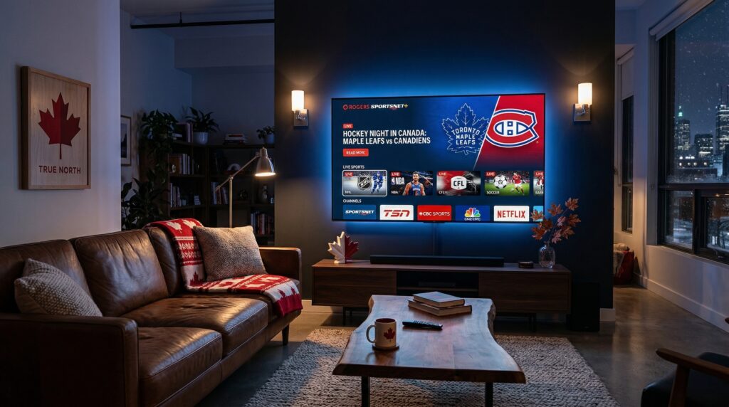 Best IPTV Canada 2026 - Modern living room with TV showing Canadian IPTV streaming interface with Hockey Night in Canada and sports channels