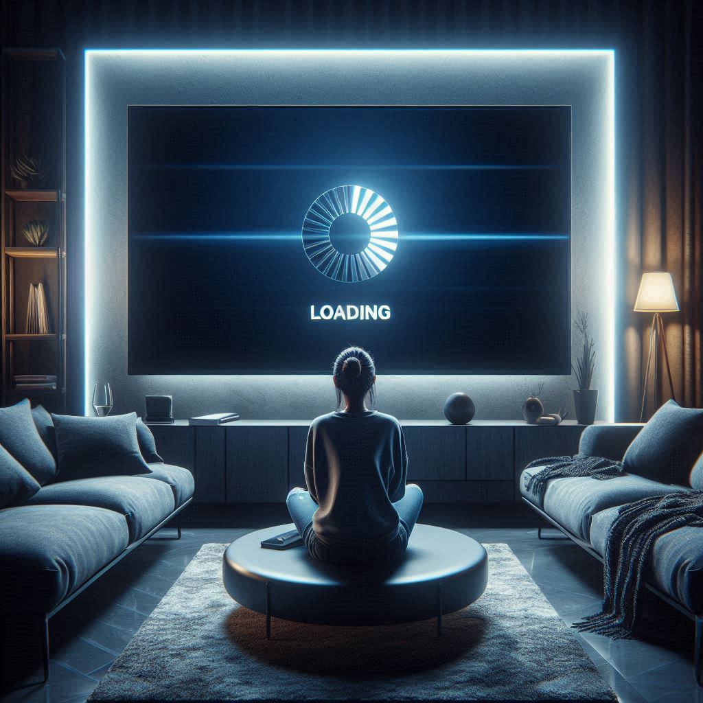 How to fix IPTV buffering - frustrated person watching TV with buffering loading spinner in living room