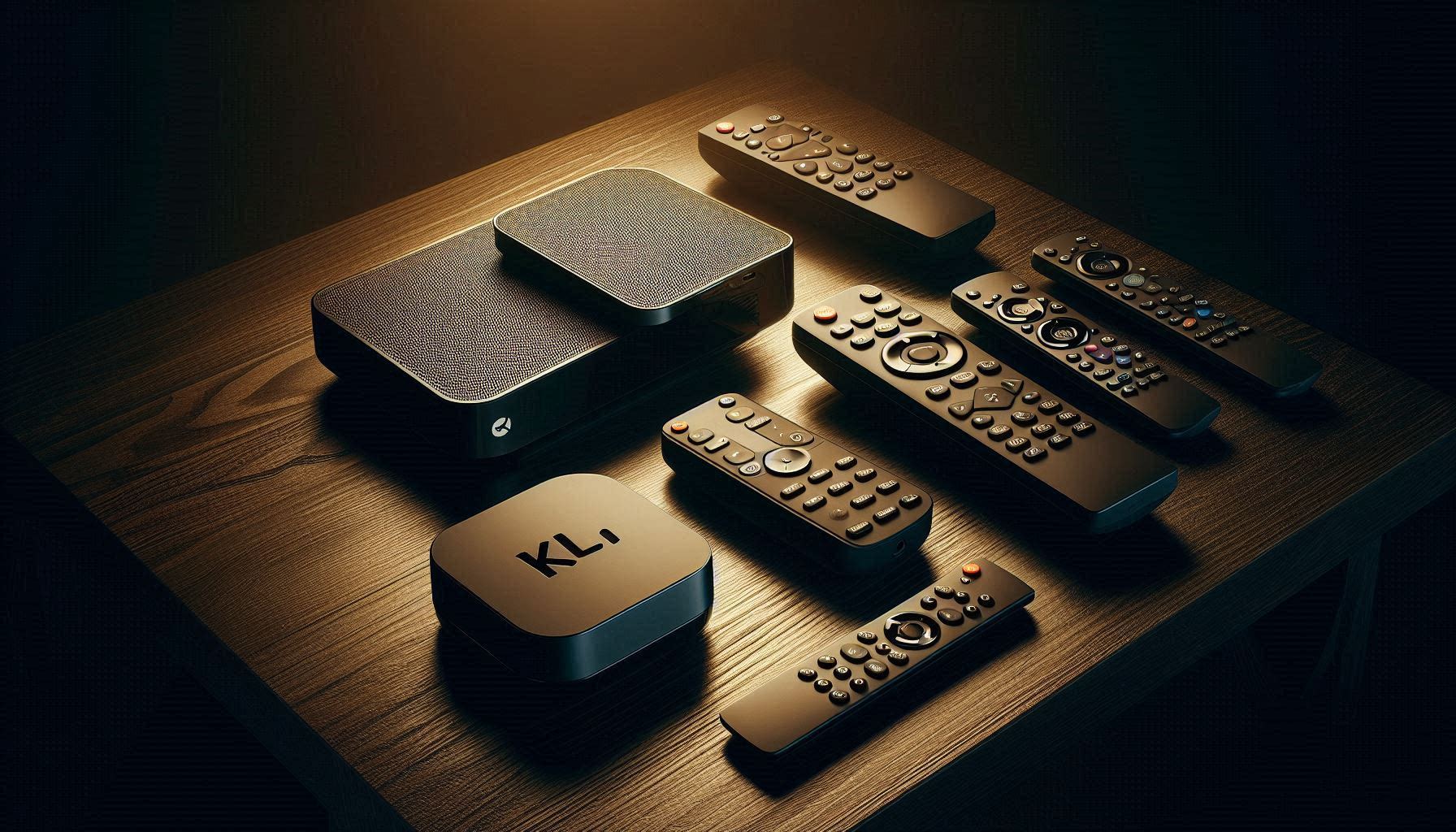 IPTV box Canada options with remote controls on wooden surface