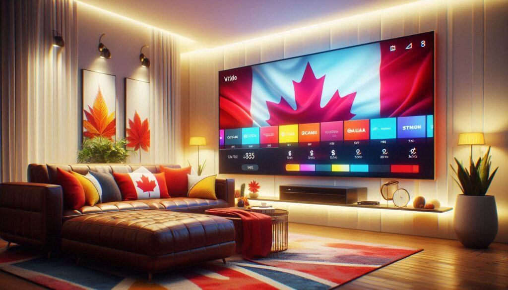 IPTV cost Canada - modern living room with TV streaming interface