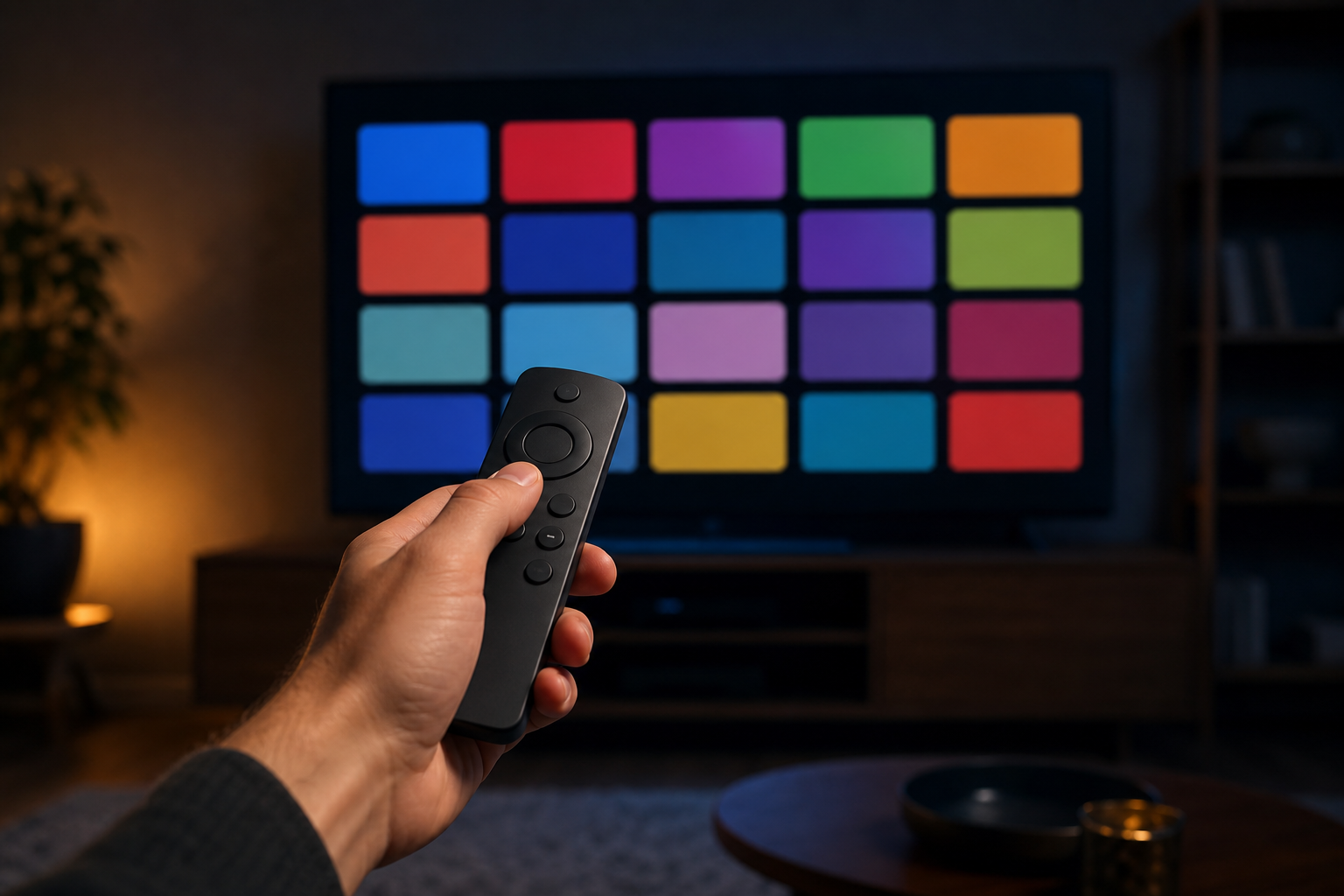 Choosing the best IPTV apps with a streaming remote pointed at a TV app grid