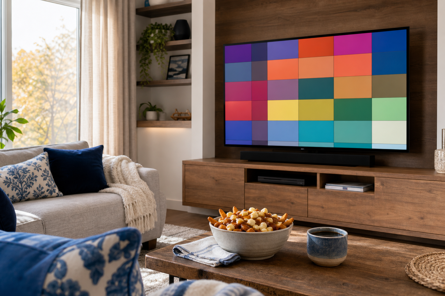 IPTV Quebec program guide with French channels on a family living room TV