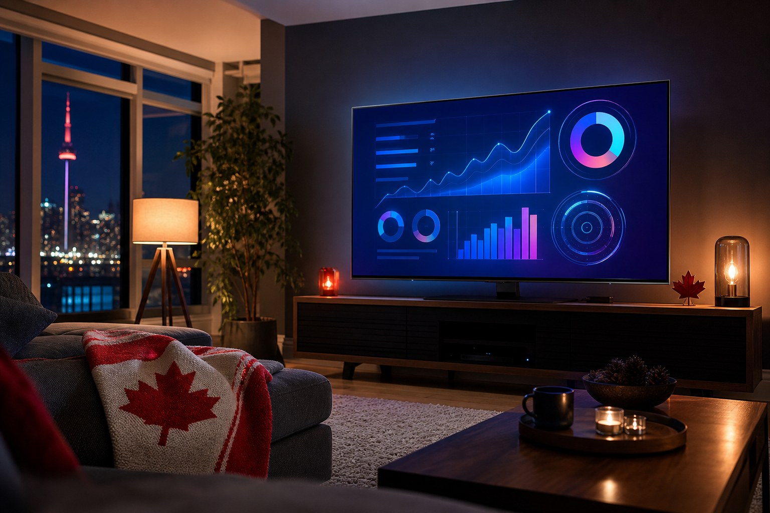 IPTV Canada statistics dashboard on a living room TV screen